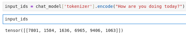 A code snippet shows how a text string, "How are you doing today?", is encoded into a tensor of integers using a tokenizer. The code first assigns the result of encoding the string to the variable input_ids. Then, the value of input_ids is printed, showing the tensor tensor([[7801, 1584, 1636, 6965, 9406, 1063]]).