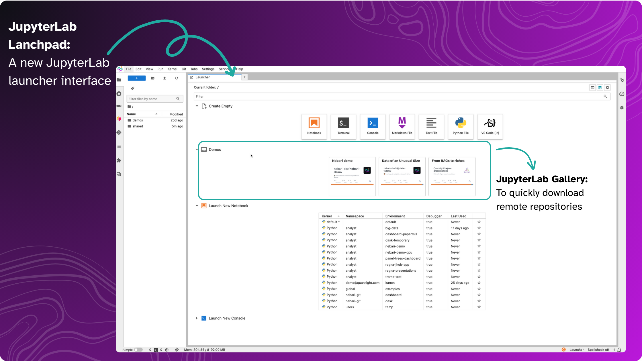 JupyterLab screenshot showing its launcher with notebook icons and file list. Callouts highlight the launchpad and gallery features. Purple gradient background.